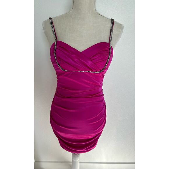 Morgan & Co Hot Pink Barbiecore Rhinestone Embellished Ruched Mini Dress - XS - Picture 1 of 7